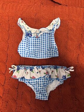 SweetHoney Blue Gingham Two-Piece Girls' Swimsuit with Floral Ruffle